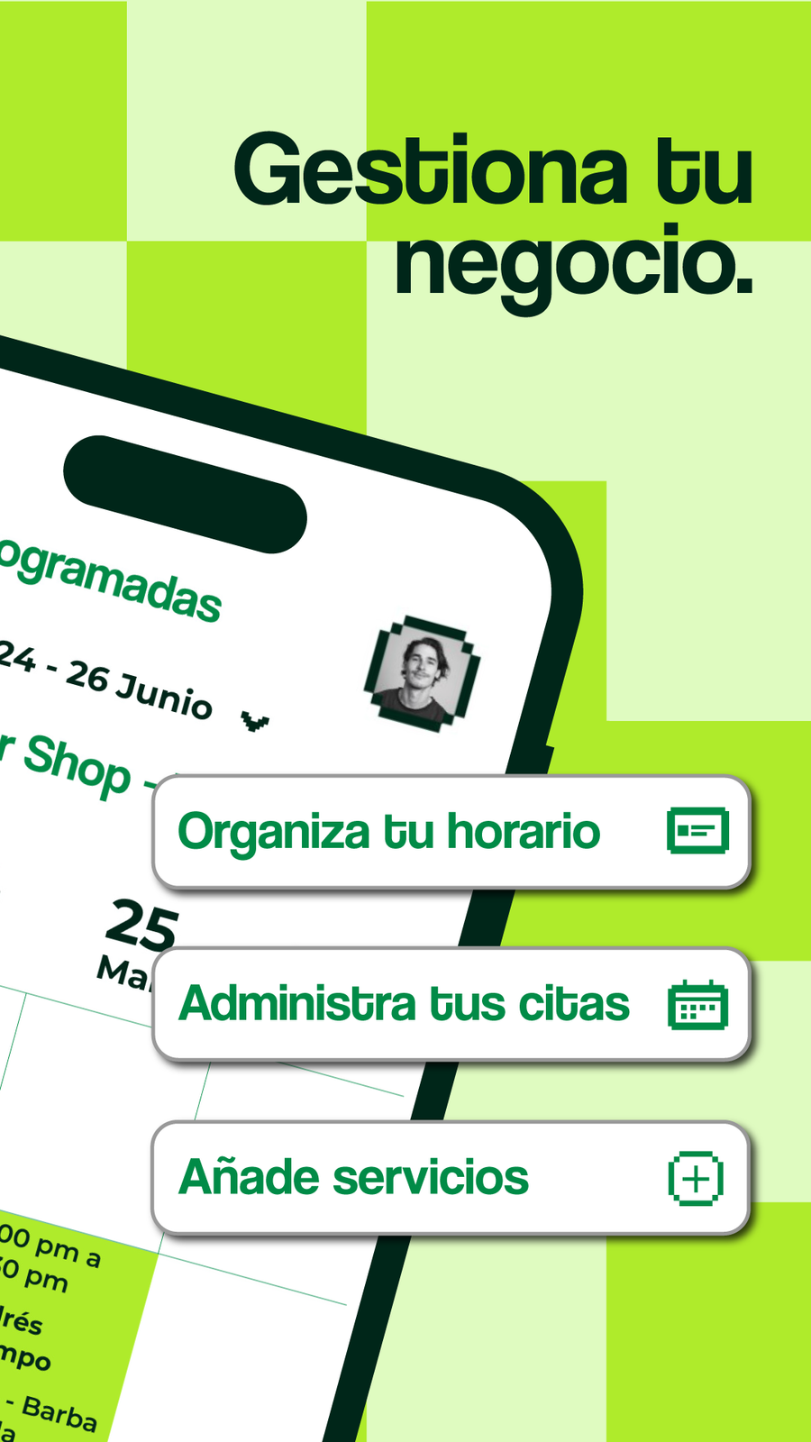Pieza de tienda de Daity Business: «Gestiona tu negocio», con accesos para organizar el horario, administrar citas y añadir servicios