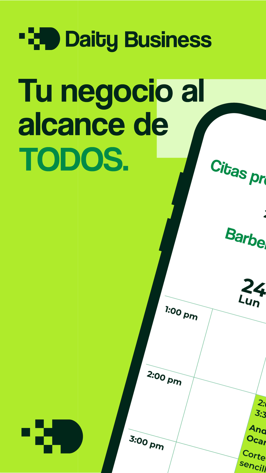 Pieza de tienda de Daity Business: «Tu negocio al alcance de todos», con la agenda de una barbería en el celular